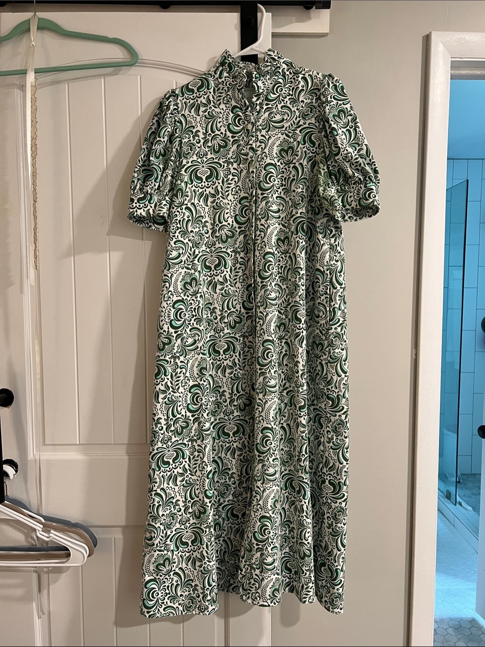 Green and White Floral Maxi Dress with Puff Sleeves - Picture 1 of 2